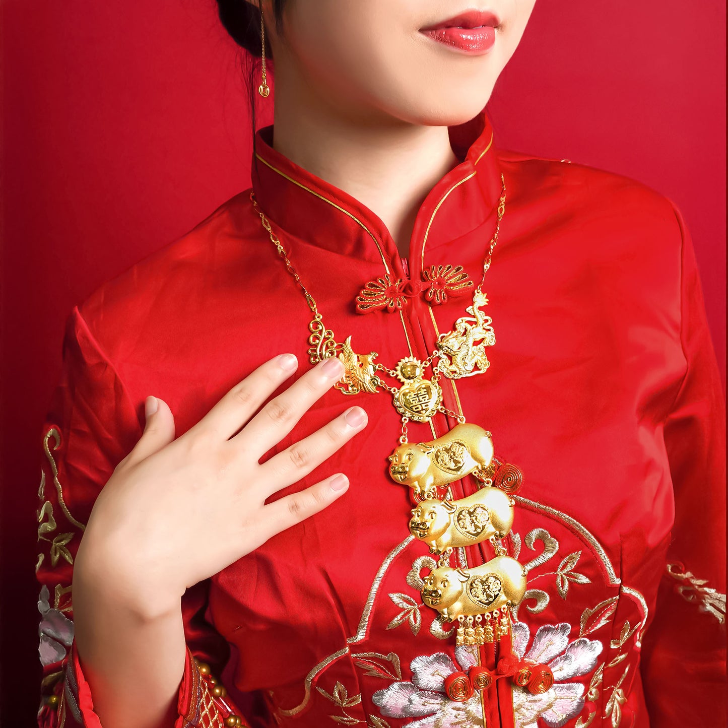 999 Gold 3 Pigs with Phoenix and Dragon Necklace