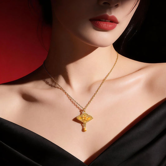 999 Gold Folding Fan & Flower Necklace - Top Gold Shop Gold Jewellery in singapore