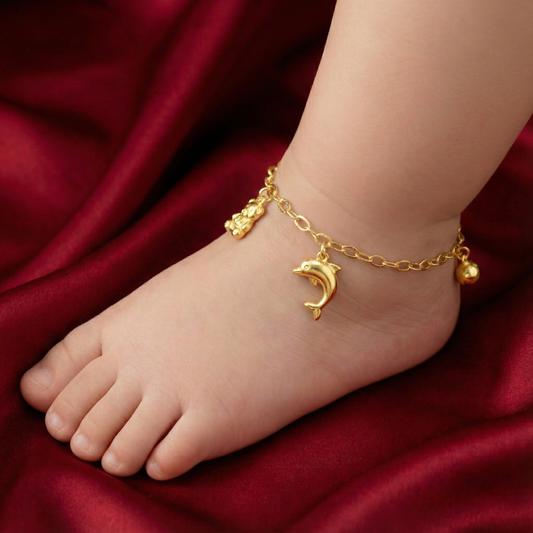916 Gold Baby Anklet (Bear, Dolphin, Bell)