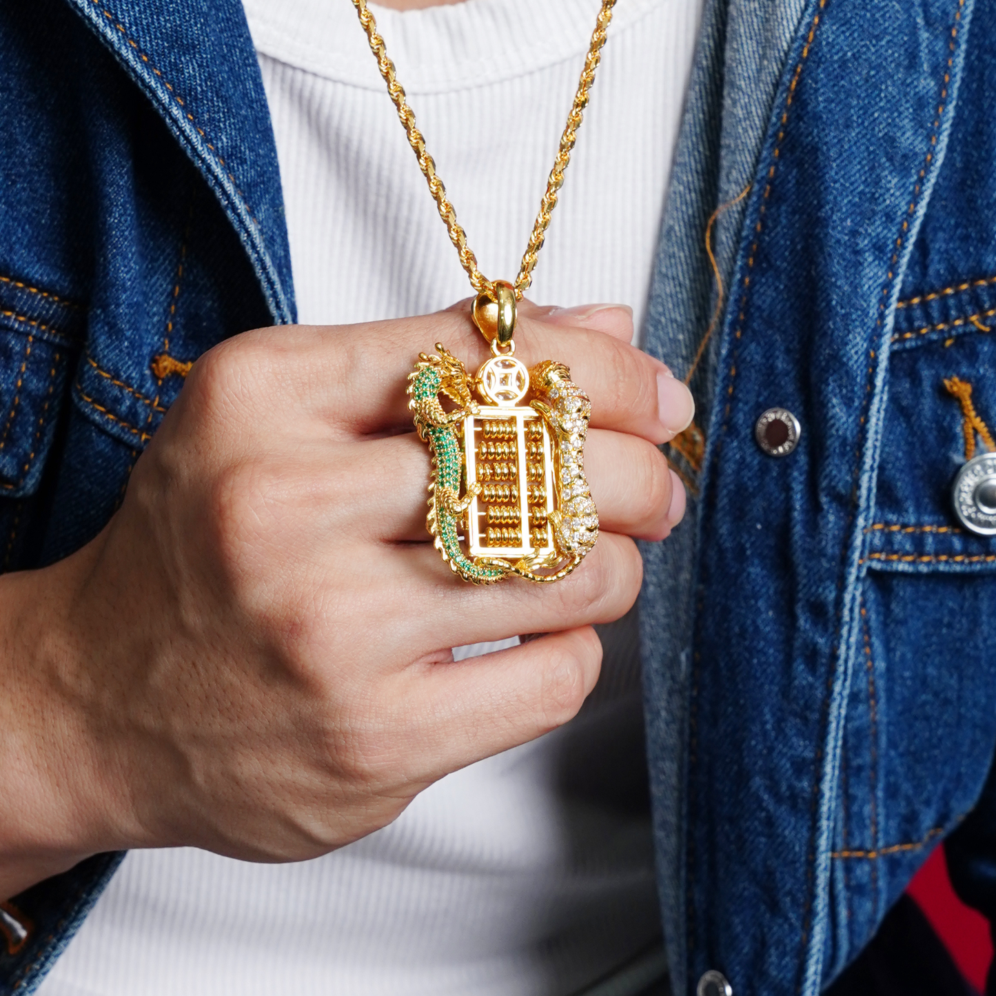 916 Gold Green Dragon White Tiger Pendant