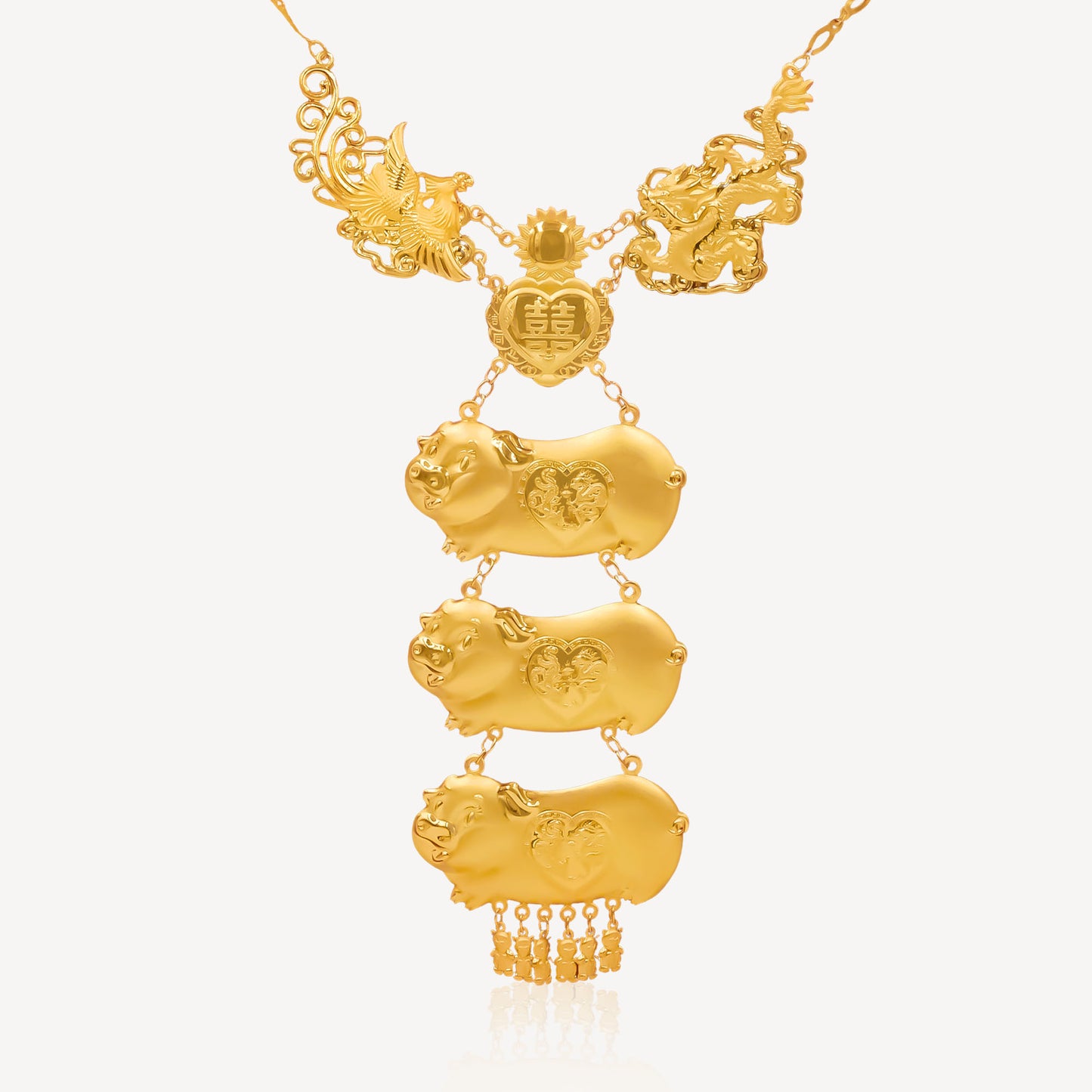 999 Gold 3 Pigs with Phoenix and Dragon Necklace