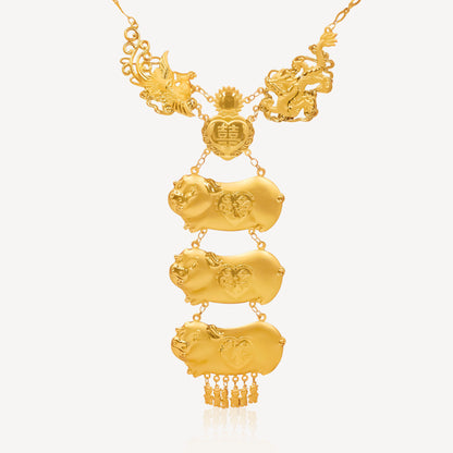999 Gold 3 Pigs with Phoenix and Dragon Necklace