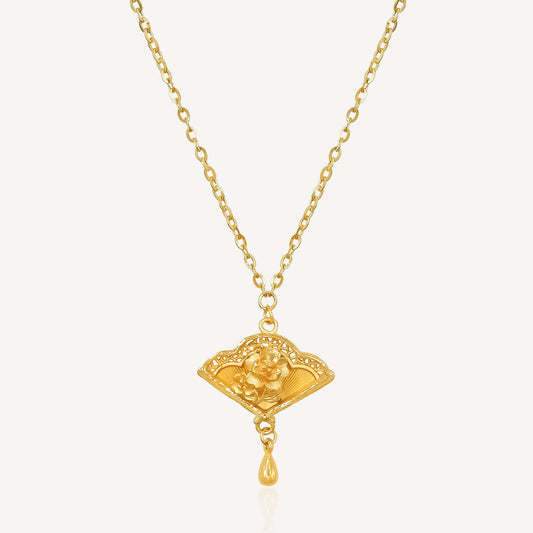 999 Gold Folding Fan & Flower Necklace