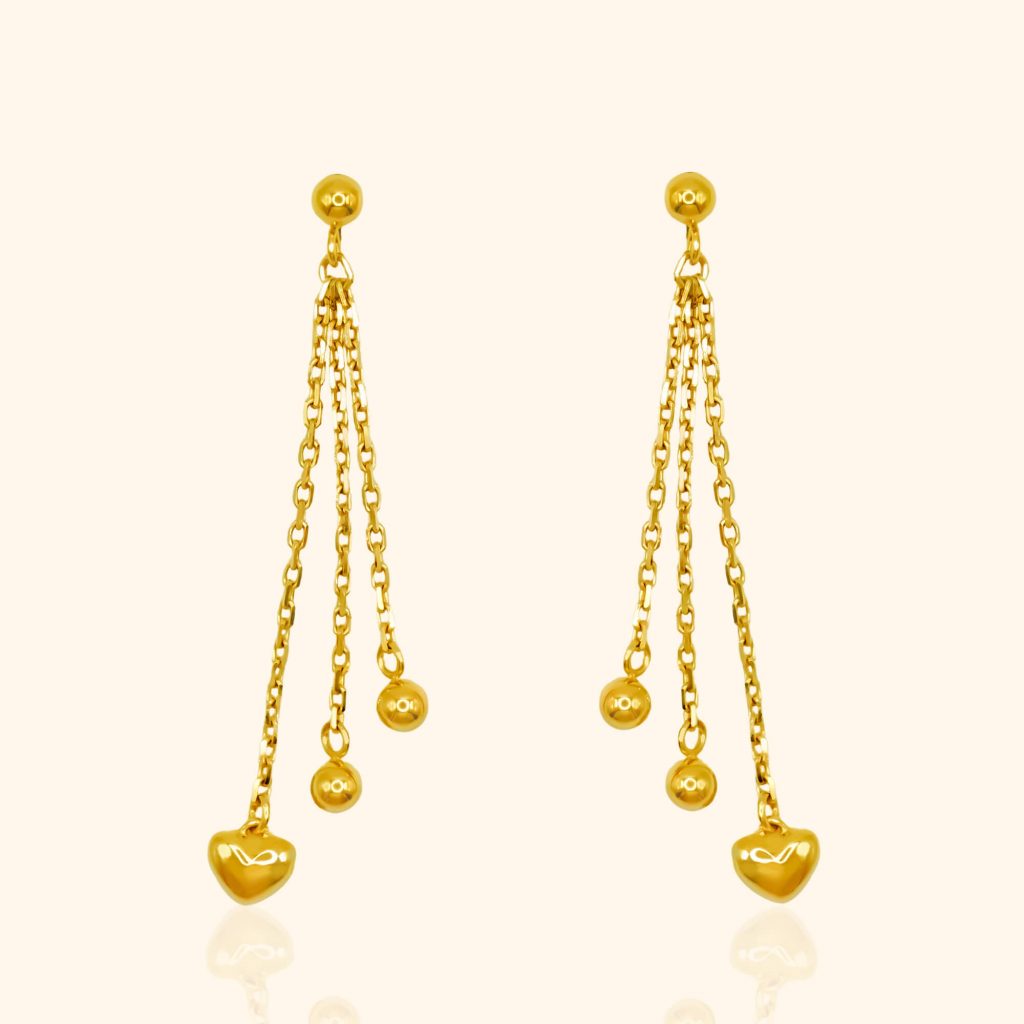 916 gold earring product with a dangling heart design from top gold shop, a cheapest gold jewellery in singapore