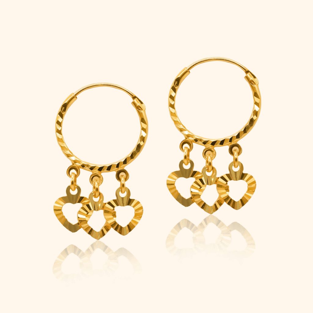 916 gold dangling heart 3 earrings gold jewellery in singapore